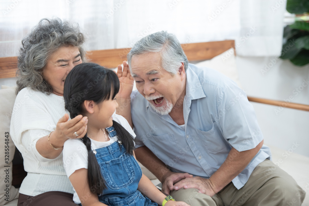 Happy asian elder happy grandfather head touch granddaughter head while sit on sofa and have leisure time together at home. Happy asian elder happy grandfather head touch granddaughter head while sit on sofa and have leisure time together at home.
