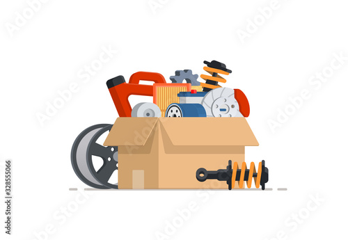 Cardboard with car parts. Various auto accessories. Concept for shop. Vector illustration isolated on white background.