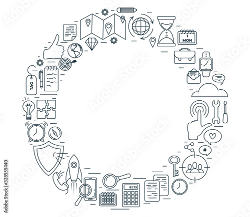 Circle shaped SEO icons set composition. Perfect line icons for seo, business and social media marketing