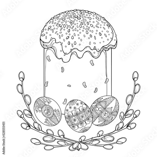 Outline Easter cake or Paska sweet bread, Ukrainian Easter egg Pysanka and willow branch in black isolated on white background.