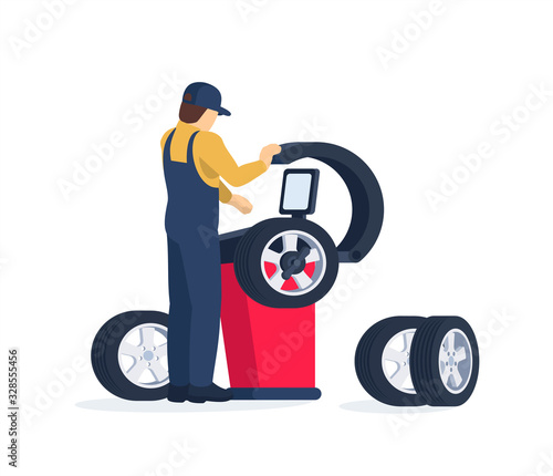 Tire service concept. Сar mechanic doing balancing wheels. Isolated vector illustration in flat / cartoon style.