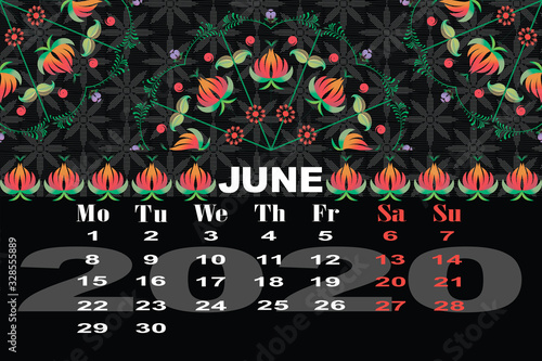 Calendar decorative flowers folk. Decorative floral pattern. Design element set.Jane2020