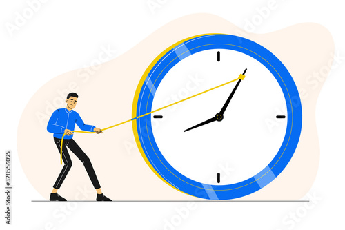 Deadline or time management concept. Sad or stressed man or employee or office worker pushing minute hand of broken clock towards anti clockwise. Running out of time. Vector character illustration