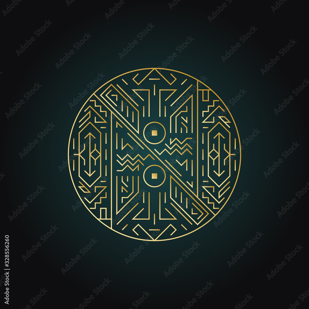 Geometric shape round elegant sign in art deco style. Trend line art icon, vector design 1920. Luxury cover graphic poster brochure design. Mystery tribal illustration art Geometric shape round elegant sign in art deco style. Trend line art icon, vector design 1920. Luxury cover graphic poster brochure design. Mystery tribal illustration art