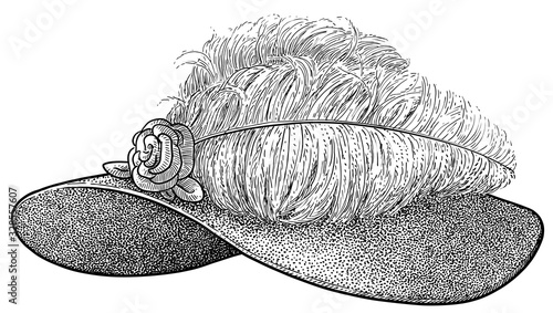 Woman hat with ostrich feather illustration, drawing, engraving, ink, line art, vector
