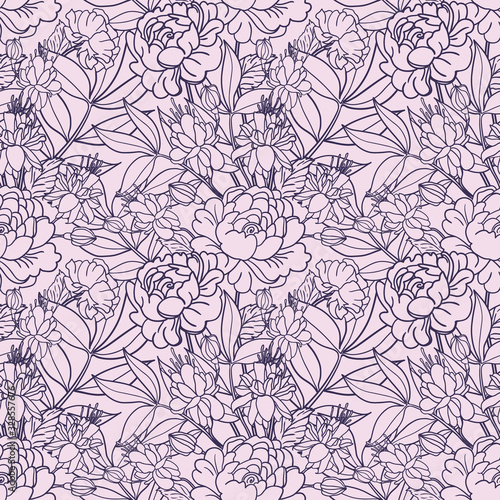 Realistic floral seamless pattern. Vector background with flowers and leaves.
