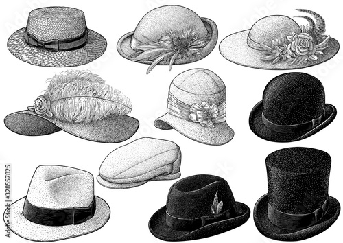 Vintage hat collection illustration, drawing, engraving, ink, line art, vector Fototapeta