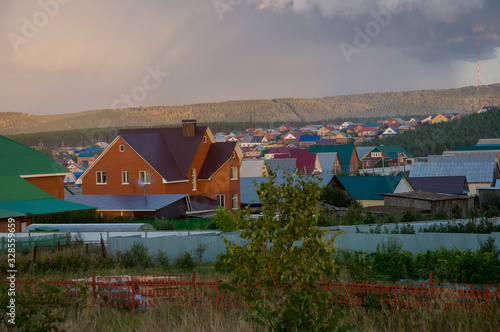 Dark blue grey sky with much rainy clouds before storm.  Background of heaven. Beautiful evening