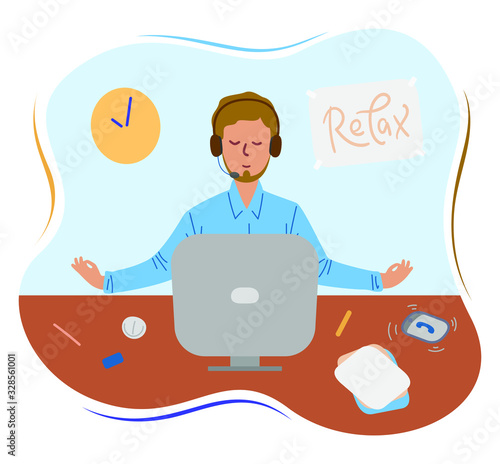 Office worker sit and meditate while talking with a client or customer. Business meditation. Young man rest from hard work. Flat cartoon vector stock illustration