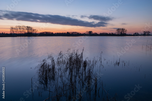 Lake and sky evening view after sunset  long exposure and blurry reeds by the wind