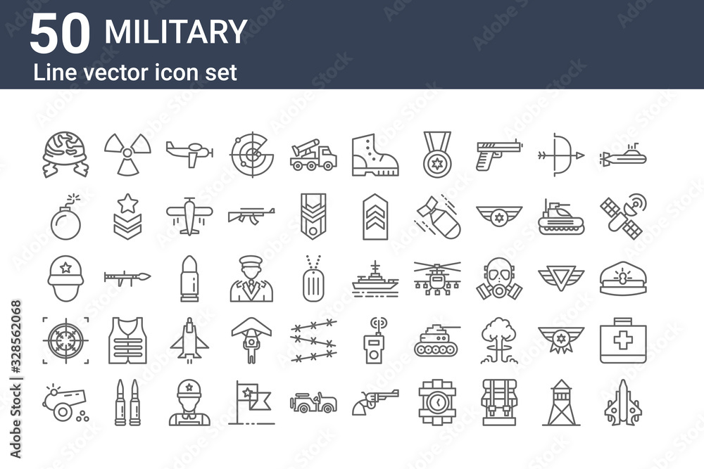 set of 50 military icons. outline thin line icons such as jet, canon, crosshair, soldier, bomb, nuclear, battleship - obrazy, fototapety, plakaty 