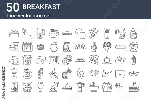 set of 50 breakfast icons. outline thin line icons such as sandwich, juice, blender, cheese, cereal, honey, butter