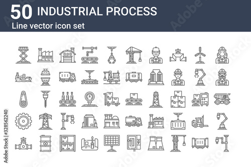 set of 50 industrial process icons. outline thin line icons such as industrial robot, valve, gear, gear, cargo ship, factory, conveyor