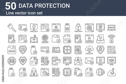 set of 50 data protection icons. outline thin line icons such as phishing, disk, antivirus, document, smartphone, wallet, safety box