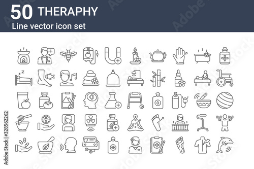 set of 50 theraphy icons. outline thin line icons such as dolphin, medicine, honey, juice, bed, doctor, walker