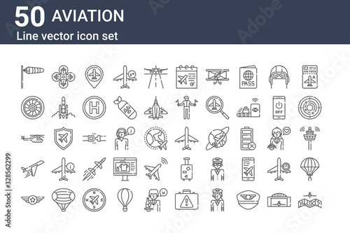 set of 50 aviation icons. outline thin line icons such as airplane, badge, plane, helicopter, turbine, drone, airplane photo