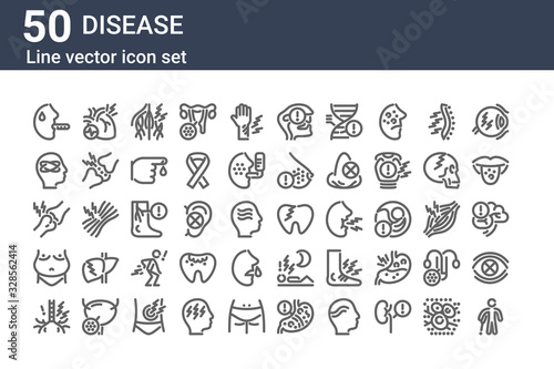 set of 50 disease icons. outline thin line icons such as crutch, throat, obesity, arthralgia, dizzy, heart rate, tooth