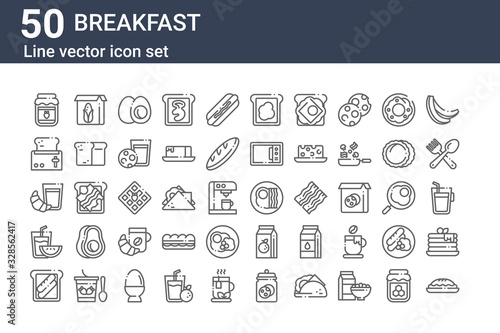 set of 50 breakfast icons. outline thin line icons such as pie, toast, watermelon, milk, toaster, cereal, egg