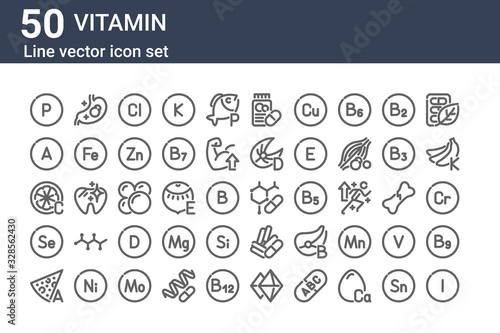 set of 50 vitamin icons. outline thin line icons such as vitamin, cheese, vitamin, citrus, stomach, amino acids photo