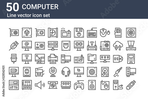 set of 50 computer icons. outline thin line icons such as usb, mixer, battery, vga, lan, microphone, pen