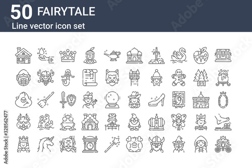 set of 50 fairytale icons. outline thin line icons such as pumpkin carriage, queen, minotaur, cyclops, helmet, magic, musketeer
