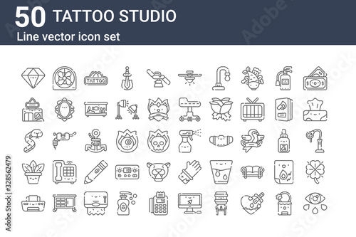 set of 50 tattoo studio icons. outline thin line icons such as eye, printer, plant, snake, studio, fan, water spray