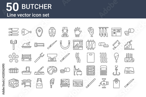 set of 50 butcher icons. outline thin line icons such as carving, diced beef, meat, pepperoni, tenderizer, meat, sausages