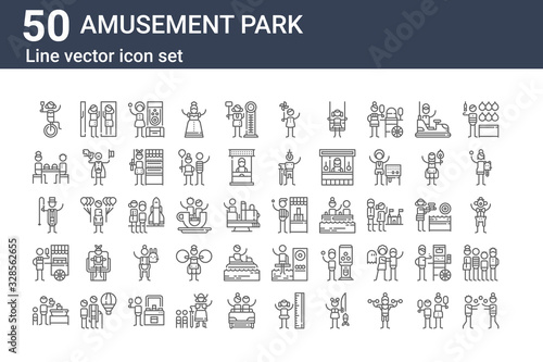 set of 50 amusement park icons. outline thin line icons such as juggler, game, ice cream, tamer, fast food, amusement park, bottle