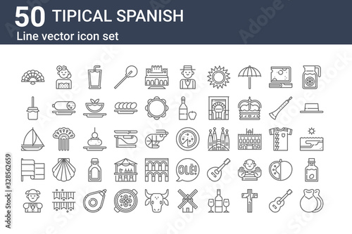 set of 50 tipical spanish icons. outline thin line icons such as castanets, bullfighter, flag, sailboat, zambomba, flamenco dancer, omelette