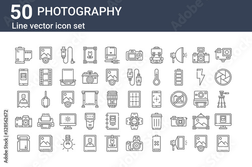 set of 50 photography icons. outline thin line icons such as photo, sd card, camera, photo, smartphone, photo, grid