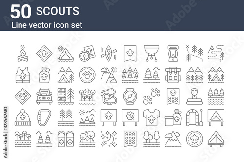 set of 50 scouts icons. outline thin line icons such as tent, shore, beanie, animal, life vest, fleur de lis, wristwatch