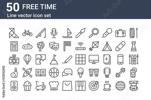 set of 50 free time icons. outline thin line icons such as backpack, speaker, bowling, camera, newspaper, cycling, cube