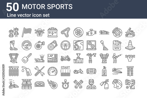 set of 50 motor sports icons. outline thin line icons such as racing car, karting, lights, medal, boot, racing flag, podium