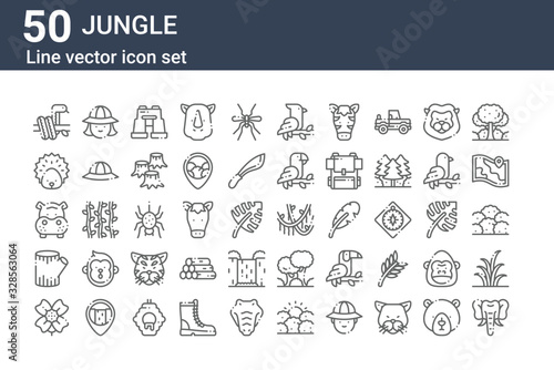 set of 50 jungle icons. outline thin line icons such as elephant, flower, trunk, hippopotamus, hedgehog, hunter, vines