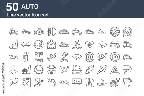 set of 50 auto icons. outline thin line icons such as gas pump, car key, water level, oil, chair, sport car, windshield