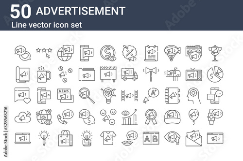 set of 50 advertisement icons. outline thin line icons such as website, laptop, cloud, comment, magazine, rating, movie