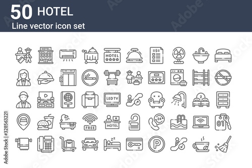 set of 50 hotel icons. outline thin line icons such as broom, towel, location, male, female, hotel, escalator