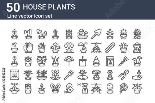 set of 50 house plants icons. outline thin line icons such as aloe vera, kalanchoe, seed bag, rose, seeds, cactus, bucket