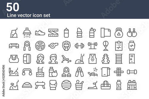 set of 50 gym icons. outline thin line icons such as gym, stationary bike, stationary bike, gym top, step, shower, elliptical