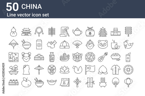 set of 50 china icons. outline thin line icons such as lantern, dumpling, bonsai, silk, bamboo hat, building, dragon