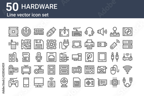 set of 50 hardware icons. outline thin line icons such as usb, gamepad, video camera, music player, cellular, power button, computer