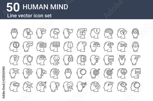 set of 50 human mind icons. outline thin line icons such as happy, exhausted, death, education, greed, imagination, open mind