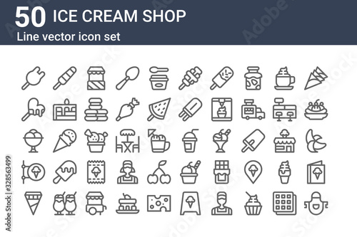 set of 50 ice cream shop icons. outline thin line icons such as apron, ice cream, shop, ice cream, popsicle, smoothie