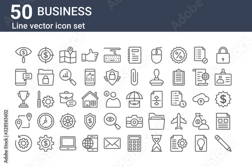 set of 50 business icons. outline thin line icons such as pencil, settings, route, trophy, smartphone, target, briefcase