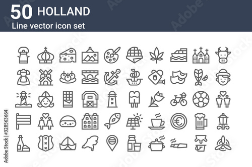 set of 50 holland icons. outline thin line icons such as windmill, wine, flags, lighthouse, dress, crown, cream