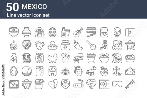 set of 50 mexico icons. outline thin line icons such as chirimia, mexico, avocado, chili, candle, vase, tamale