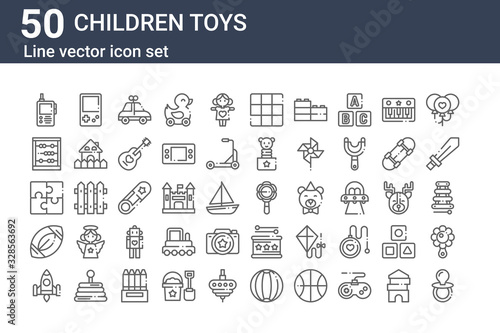 set of 50 children toys icons. outline thin line icons such as pacifier, rocket, rugby ball, puzzle, abacus, gameboy, rattle
