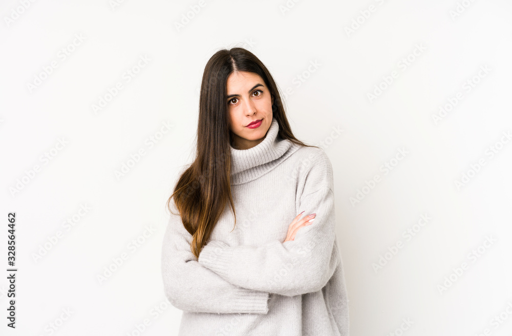 Young caucasian woman isolated on a white background unhappy looking in camera with sarcastic expression. Young caucasian woman isolated on a white background unhappy looking in camera with sarcastic expression.