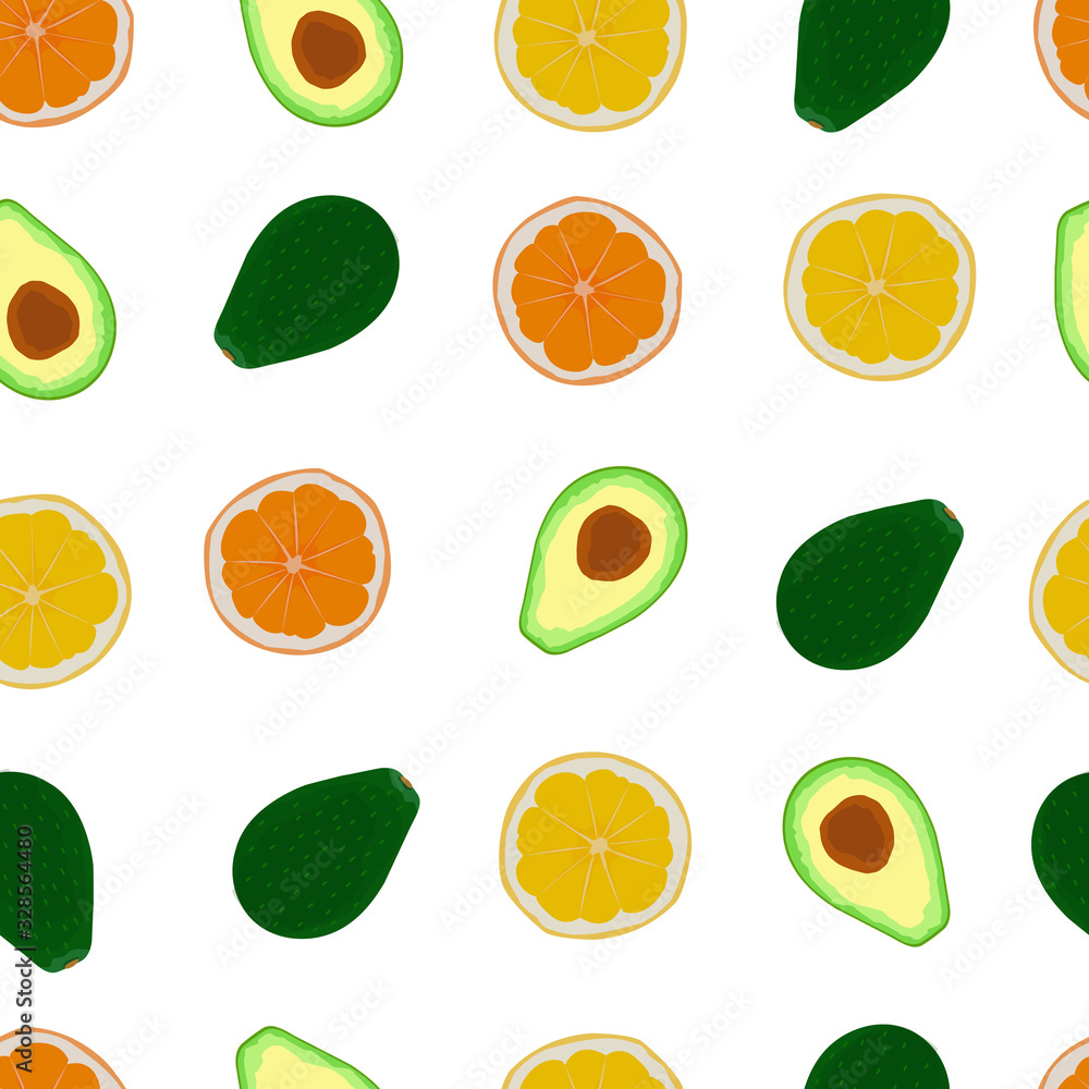 Seamless tropical fruits pattern with avocado, lemons and oranges. Tropical fruits background