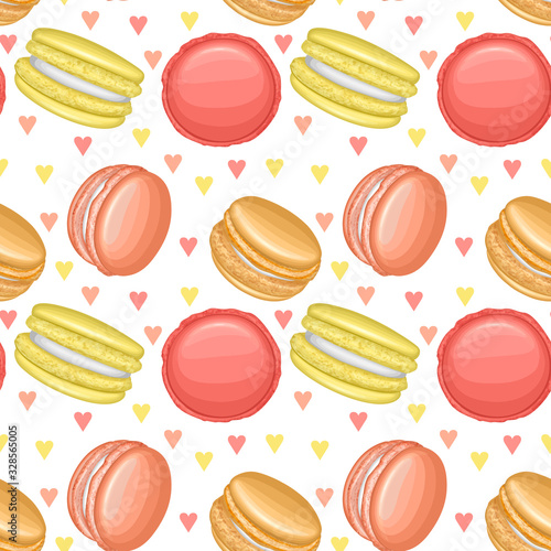 Seamless, endless pattern with macaroons and hearts on white background. French sweets. Colorful macaroon. Cute, Vector texture